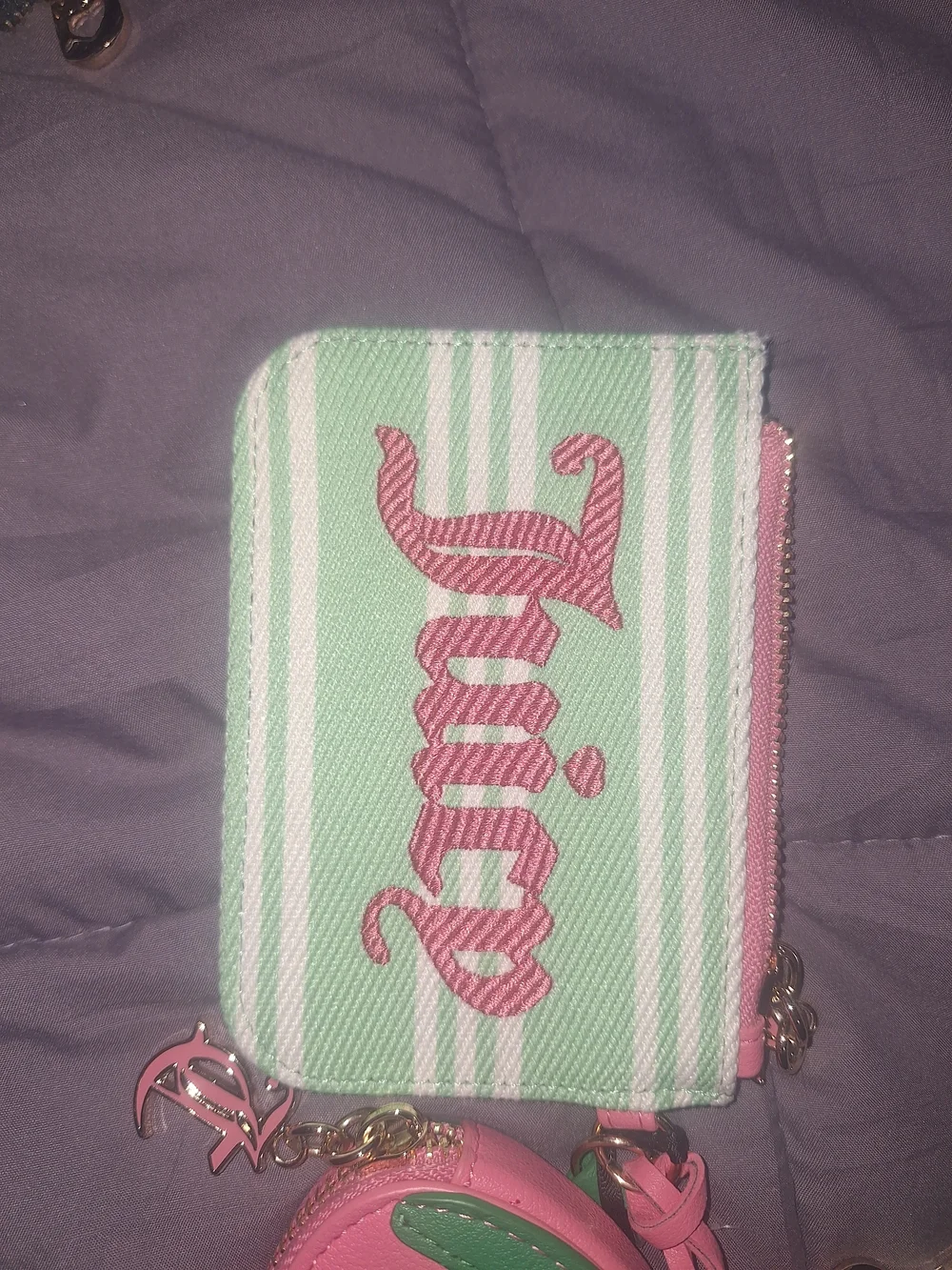 Juicy Couture Mint & Pink Stripe Card Holder with Strawberry Coin Pouch